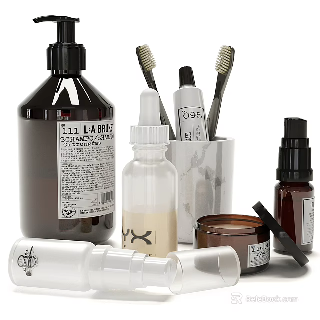 Essential Household Washing And Daily Products With Bottles Toothbrushes Toothpaste Jars Containers 3d model 