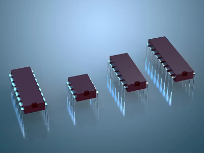 Multiple Integrated Circuit Chips With DIP Package Pins On Blue Reflective Background 3d model