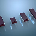 Multiple Integrated Circuit Chips With DIP Package Pins On Blue Reflective Background