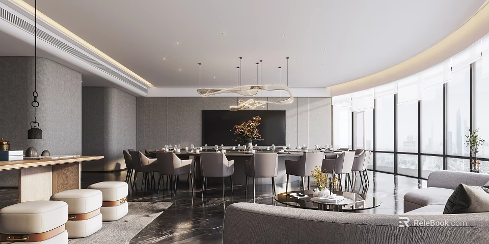 Elegant Modern Private Dining Room With Round Table Pendant Light And Floor To Ceiling Windows 3d model 