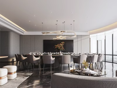 Elegant Modern Private Dining Room With Round Table Pendant Light And Floor To Ceiling Windows 3d model