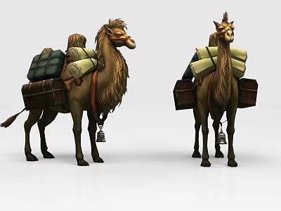 Two Camels Loaded with Luggage Packs and Gear Standing Side by Side 3d model