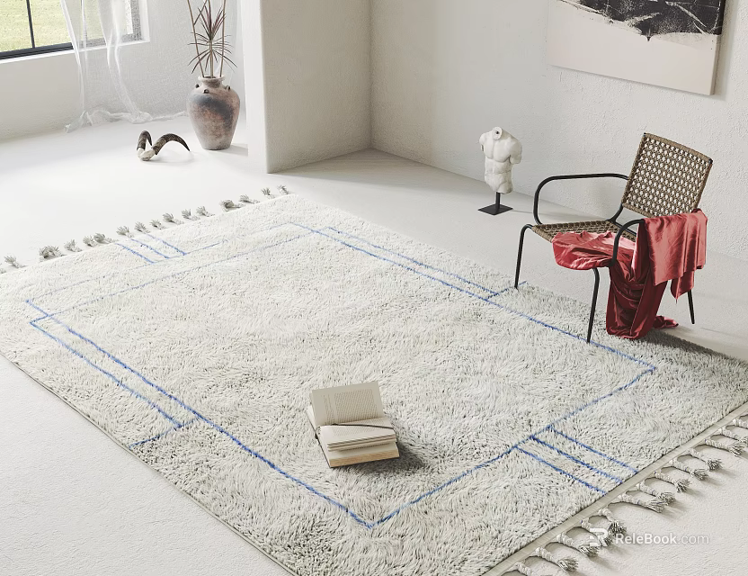 White Square Rug With Blue Lines And Tassels In Living Room With Chair And Book 3d model 