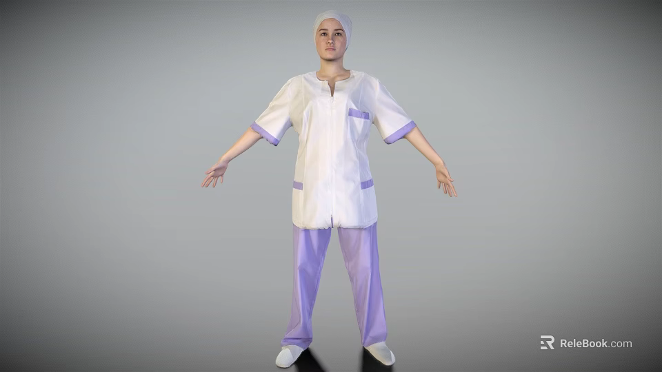 Woman Wearing White Medical Uniform With Purple Trim And Purple Pants 3d model 