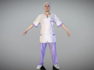 Woman Wearing White Medical Uniform With Purple Trim And Purple Pants 3d model