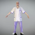 Woman Wearing White Medical Uniform With Purple Trim And Purple Pants