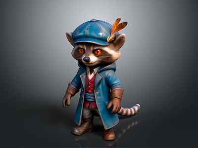 Adorable Raccoon Character Wearing Blue Coat Hat With Feather Red Vest Brown Boots 3d model