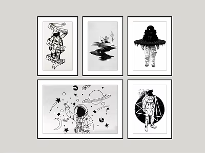 Space Themed Black And White Illustrations Featuring Astronaut UFO Planets And Cosmic Art 3d model