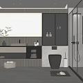 Sleek Modern Bathroom Interior Design With Large Mirror Vanity Toilet Shower And Storage Shelves