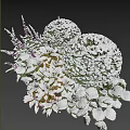 Snow Covered Garden Shrubs With Purple Flowers And Fresh Green Leaves