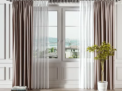 Brown Curtains With White Sheer Panels For Window In Modern Interior With Green Plant 3d model