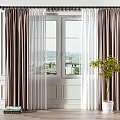 Brown Curtains With White Sheer Panels For Window In Modern Interior With Green Plant