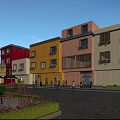 Lively Commercial Street With Colorful Buildings Greenery And Busy Pedestrians