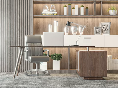 Modern Home Office Interior With Desk Office Chair Bookshelf Green Plants And Table Lamp 3d model