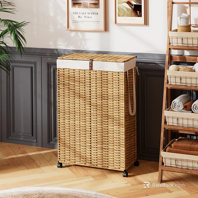 Woven Rattan Lidded Storage Basket with Wheels for Home Laundry Organization 3d model 