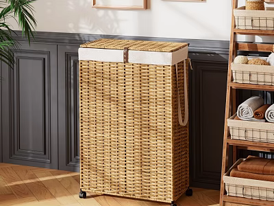 Woven Rattan Lidded Storage Basket with Wheels for Home Laundry Organization 3d model