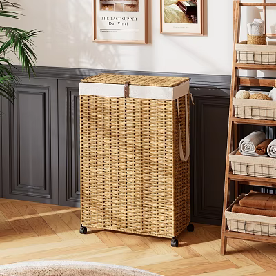Woven Rattan Lidded Storage Basket with Wheels for Home Laundry Organization 3d model