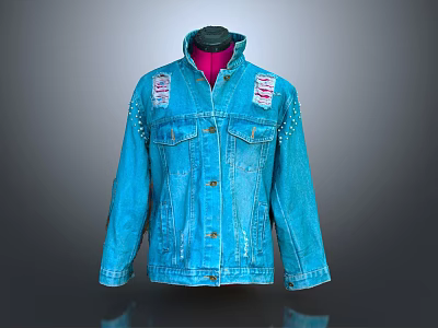 Blue Denim Jacket With Shoulder Patches And Studs For Casual Fashion Style 3d model