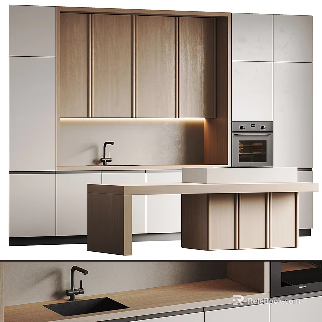 Modern Kitchen Interior With Light Wood Cabinets White Island Counter Sink Faucet And Built in Oven 3d model 