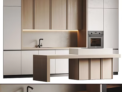 Modern Kitchen Interior With Light Wood Cabinets White Island Counter Sink Faucet And Built in Oven 3d model