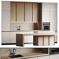 Modern Kitchen Interior With Light Wood Cabinets White Island Counter Sink Faucet And Built in Oven