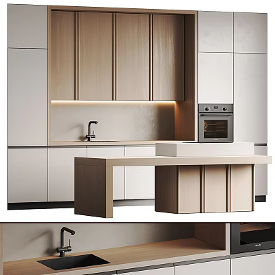 Modern Kitchen Interior With Light Wood Cabinets White Island Counter Sink Faucet And Built in Oven 3d model
