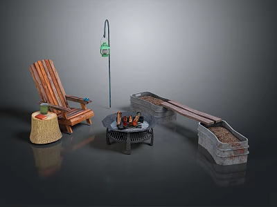 Outdoor Wooden Furniture Set With Fire Pit Chair Lantern And Planter Boxes 3d model