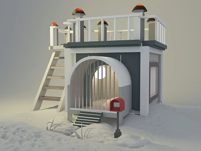 Small Snowy House Model With Arched Entrance Red Mailbox And Loft Ladder 3d model
