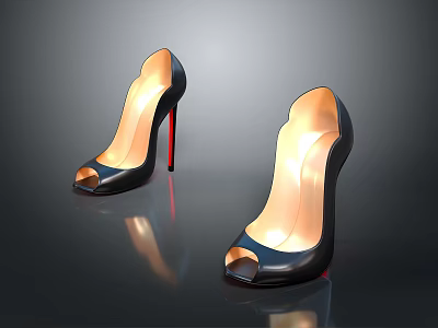 Black Leather Peep Toe High Heels With Red Thin Heels And Shiny Surface 3d model