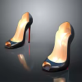 Black Leather Peep Toe High Heels With Red Thin Heels And Shiny Surface