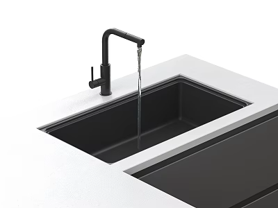 Contemporary Kitchen Sink With Black Faucet On White Countertop Featuring Flowing Water 3d model