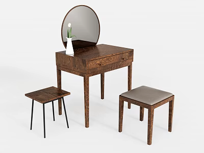 Wooden Dressing Table With Round Mirror Vase Flower And Two Stools 3d model