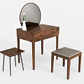 Wooden Dressing Table With Round Mirror Vase Flower And Two Stools