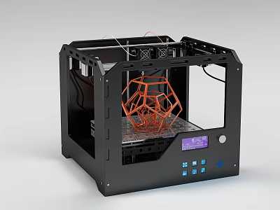 Black Frame 3D Printer Office Appliance With Orange Geometric Model On Build Plate Digital Screen 3d model