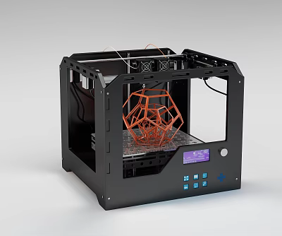 Black Frame 3D Printer Office Appliance With Orange Geometric Model On Build Plate Digital Screen 3d model