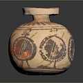 Ancient Painted Pottery Jar Sculpture with Circular Decorative Patterns and Handle Design