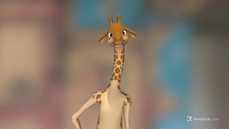 Cartoon Giraffe with Long Neck Spotted Pattern Smiling Face and Colorful Blurred Background 3d model 