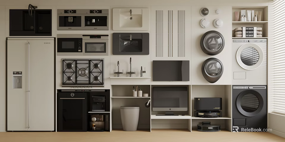 Home And Kitchen Appliances Display With Microwaves Sink Stove Faucets Washing Machines And TV 3d model 