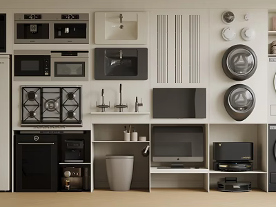 Home And Kitchen Appliances Display With Microwaves Sink Stove Faucets Washing Machines And TV 3d model