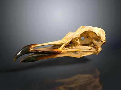Anatomical Bird Skull Skeleton With Black Yellow Beak On Dark Reflective Background 3d model