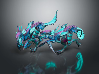 Fantasy Mythical Creature With Blue Green Purple Wings And Reflective Surface 3d model