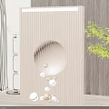 Elegant Wooden Slat Room Divider With Circular Hollow Design Decorative Balls And Green Plant