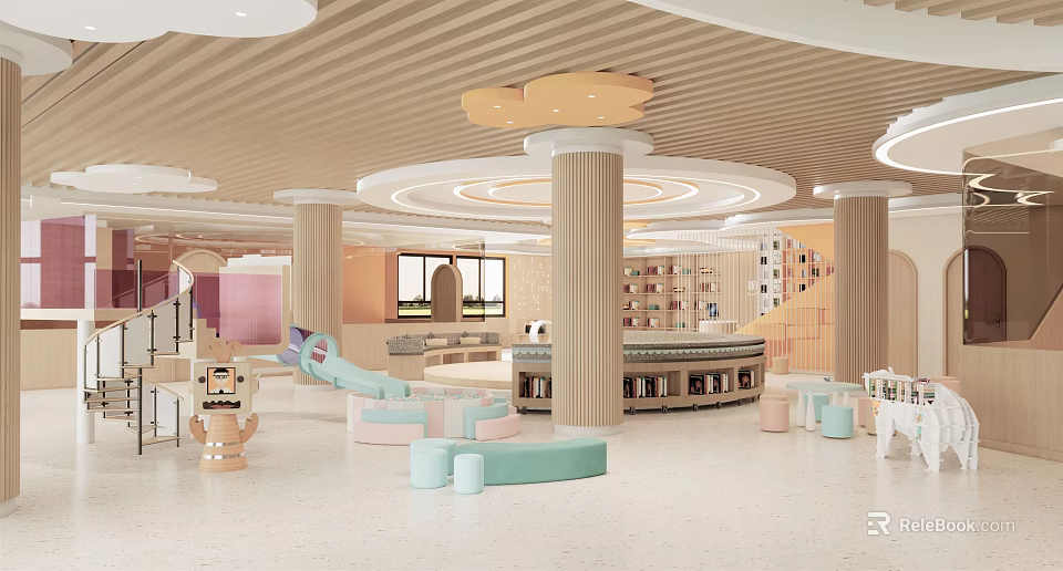 Modern School Interior With Indoor Playground Colorful Columns Bookshelves And Soft Seats 3d model 