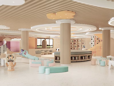 Modern School Interior With Indoor Playground Colorful Columns Bookshelves And Soft Seats 3d model