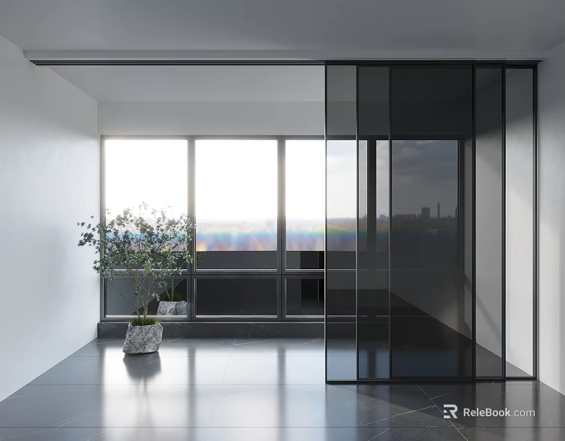 Glass Sliding Door in Modern Spacious Room with Large Windows City View and Green Plant 3d model 