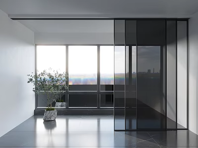 Glass Sliding Door in Modern Spacious Room with Large Windows City View and Green Plant 3d model