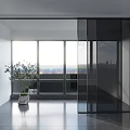 Glass Sliding Door in Modern Spacious Room with Large Windows City View and Green Plant