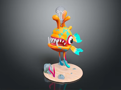 Cartoon Character With Fish Creature Lightbulb Head Orange Body Blue Fins Sharp Teeth Sand Base 3d model