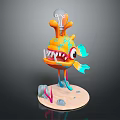 Cartoon Character With Fish Creature Lightbulb Head Orange Body Blue Fins Sharp Teeth Sand Base