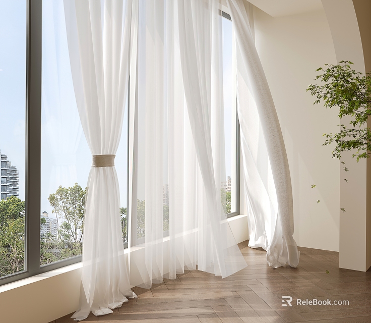 White Sheer Curtains For Large Window With City View Trees Wooden Floor And Green Plant 3d model 
